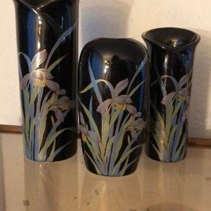 Set of 3 Black Onyx Iris Vases 8”, 6”, 5 1/2”